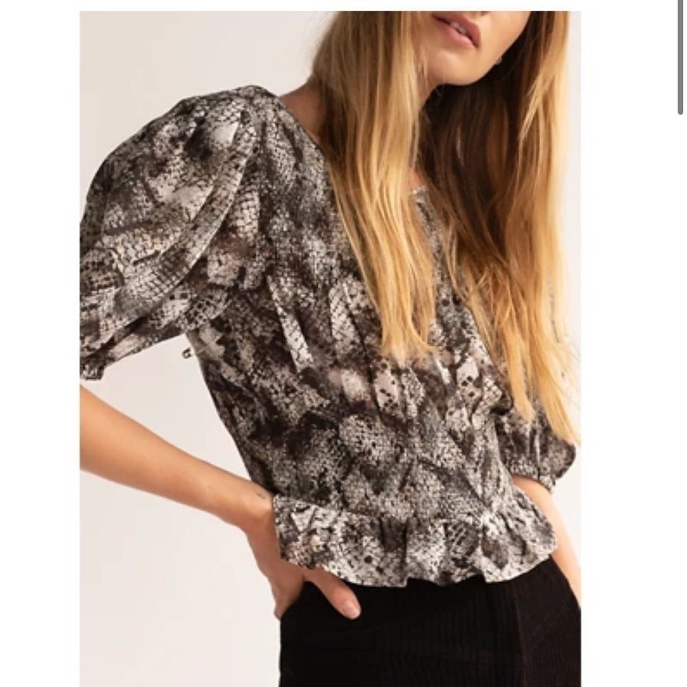 NWT Free People Xoxo Blouse in Gray & a few Brown Leopard